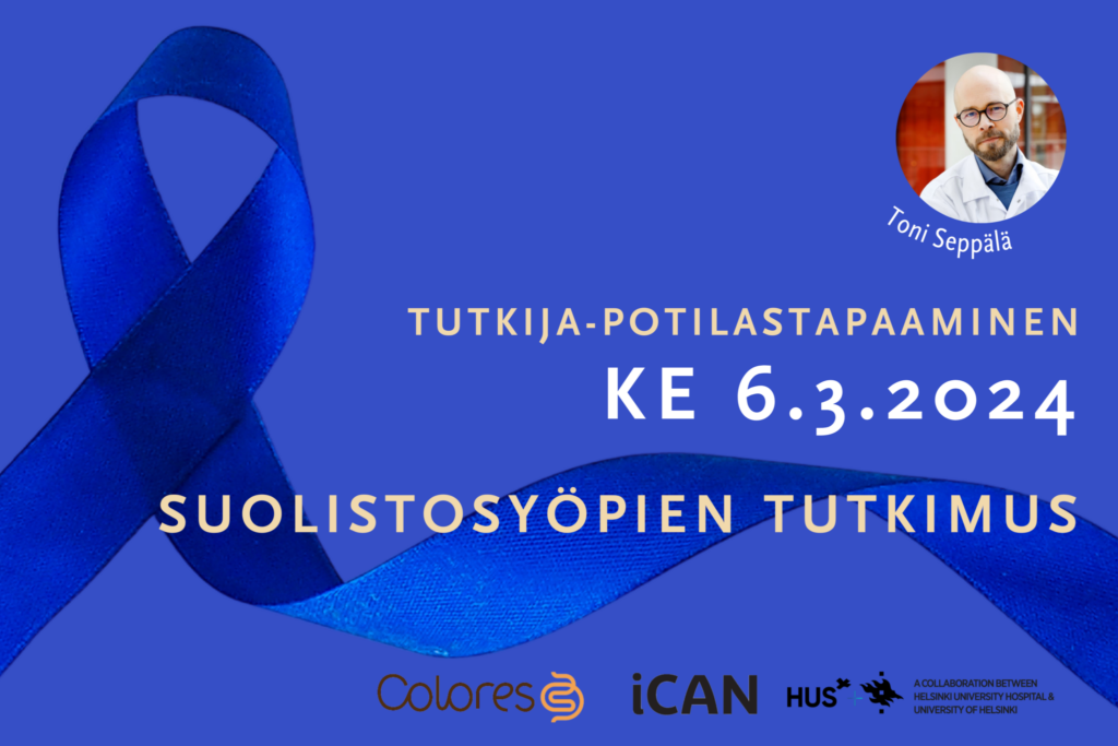 Tilaisuuden tiedot, Toni Seppälän kuva ja logot: Colores, iCAN, HUS ja UH