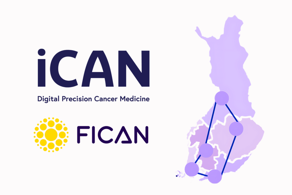 Suomen kartta, johon on merkitty viisi Kansallisen syöpäkeskus FICANin aluetta. iCANin ja FICANin logot.
