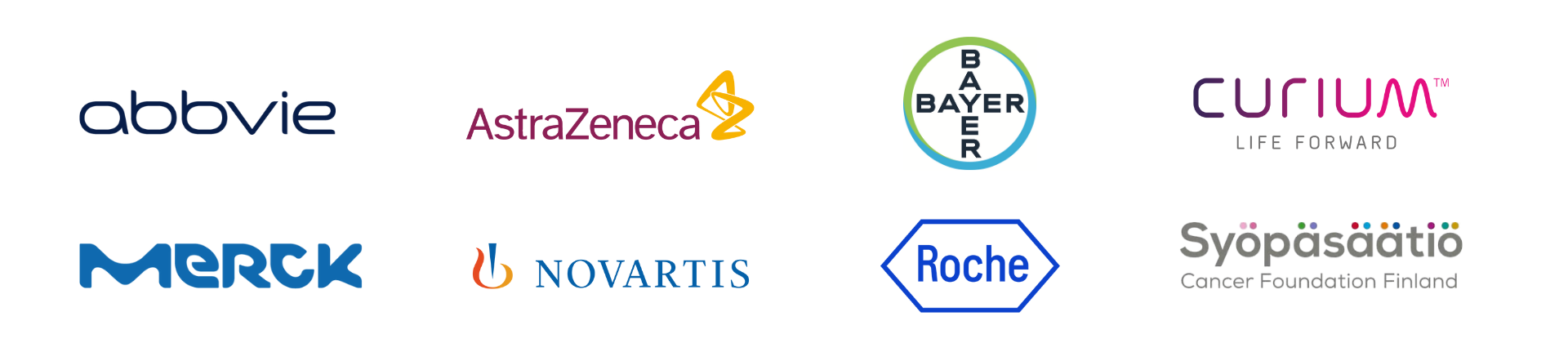 Sponsor logos: Abbvie, AstraZeneca, Bayer, Curium, Merck, Roche, Syöpäsäätiö