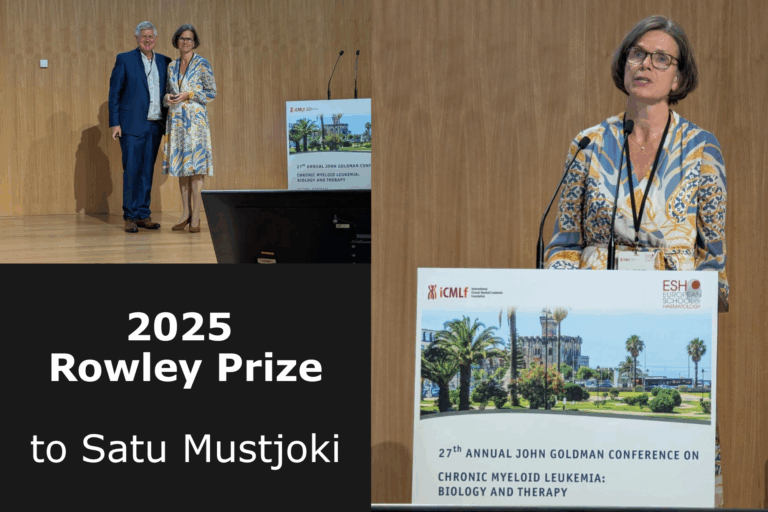 Professors Hochhaus and Mustjoki standing and smiling in the seminar hall. In a another picture Prof. Mustjoki is giving her Rowley Prize lecture.